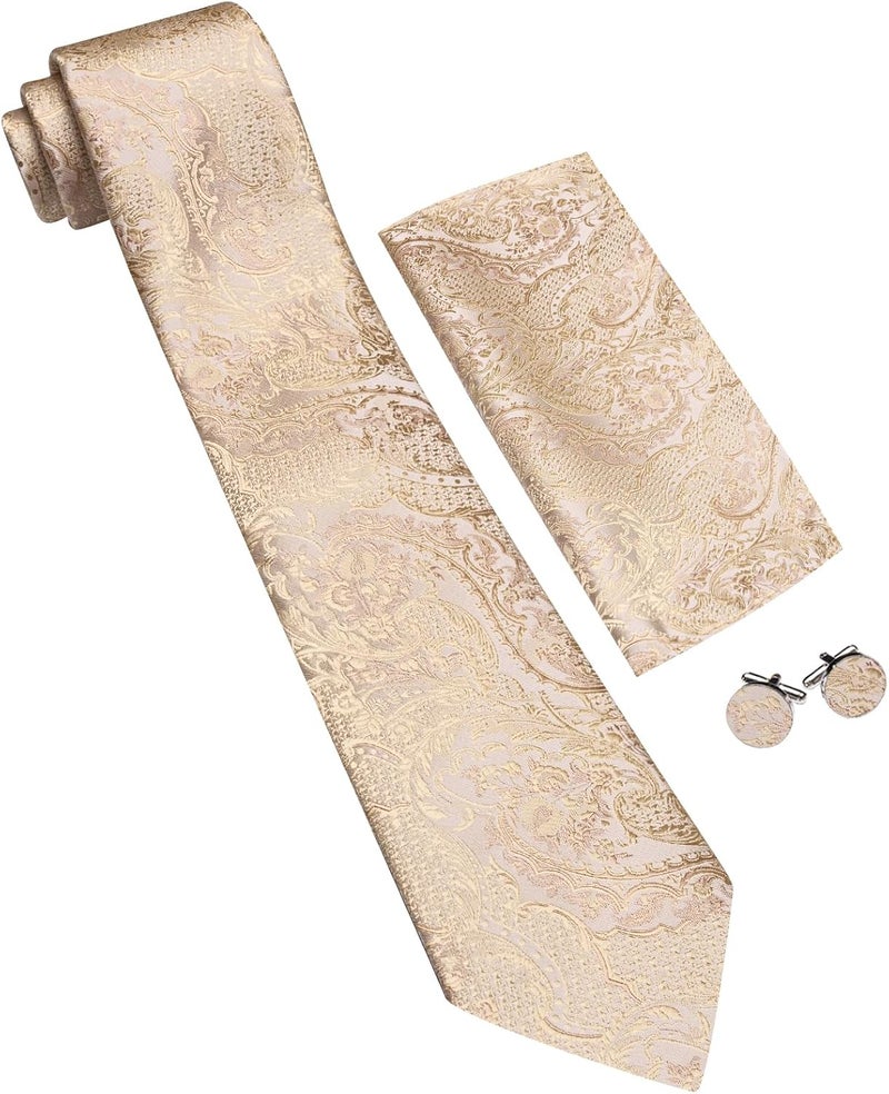 Barry.Wang Store Men Ties Paisley Woven Silk Necktie Set with Pocket Suqare Cufflinks Formal - Image 4